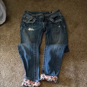 Miss me size 26 Signature Blue Cropped Jeans with Floral Cuffs
